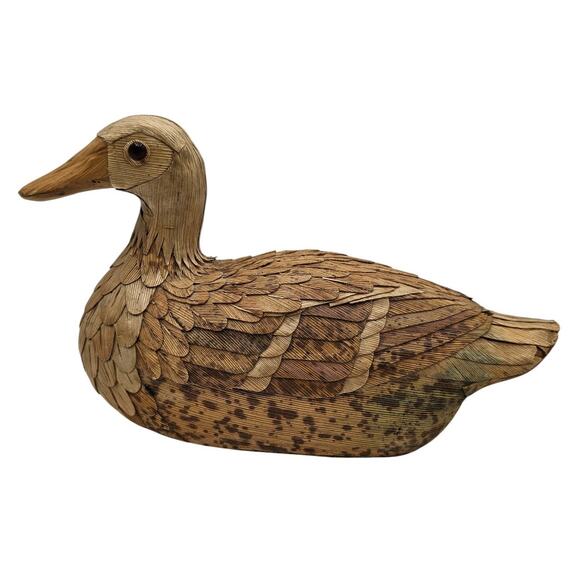 Vintage Corn Husk Wood Mallard Duck Hand Pieced Folk Art The Wooden Nickel - Picture 1 of 5